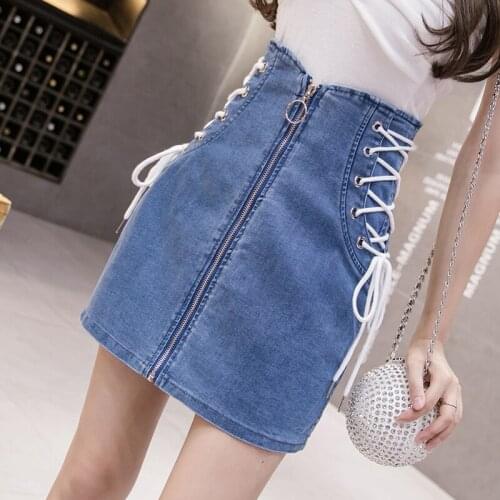 Denim Lace-up Pencil Skirts Female Fashion High Waist Front Ring Zipper Mini Blue Chic Skirt Bottoms Women Real Photos S850