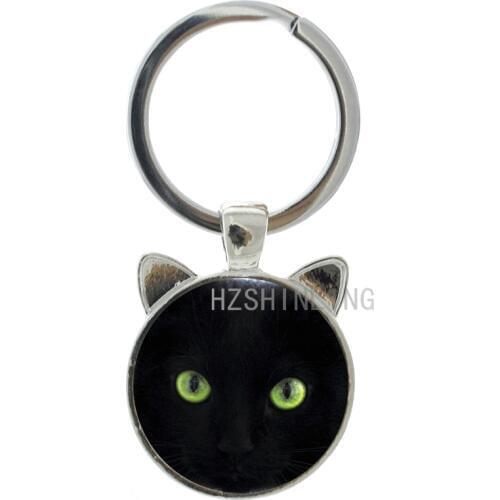 Classic fashion green eyes Black Cat key chain ring vintage handmade cat ear animal pendant keychain Halloween Christmas CN228
