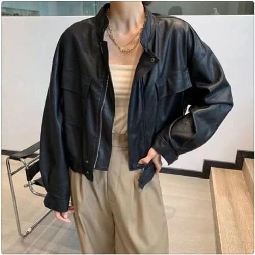 Korean version of high waist motorcycle clothing leather jacket ladies casual baseball uniform retro Harajuku pu leather jacket