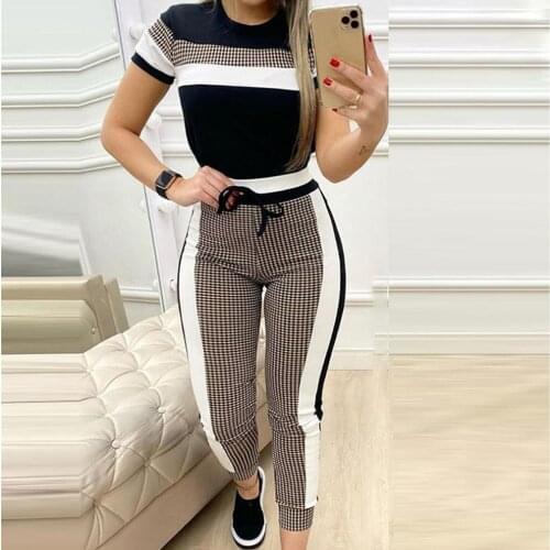 Colorblock Plaid Striped Short Sleeve Tape Top & Drawstring Pants Set Tracksuit Basic Women Jogging Two Piece Set Ensemble Femme
