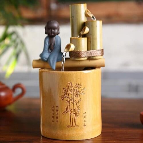 Creative Bamboo Water Fountain Buddha Little Monk Indoor Feng Shui Ornaments Home Office Table Decor Waterscape Craft Gift