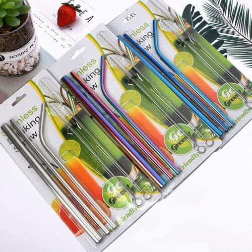 Rainbow Color Reusable Metal Straws Set with Cleaner Brush 304 Stainless Steel Drinking Straw Milk Drinkware Bar Party Accessory