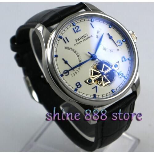 Parnis 43mm White dial power reserve Date Black strap Automatic Mechanical Mens Watches