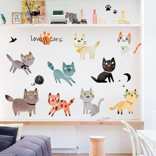 Cartoon Cat Wall Stickers for Kids Room Bedroom Decor Creative Mural DIY Nursery Decals Self-adhesive Cute Bedroom Decoration