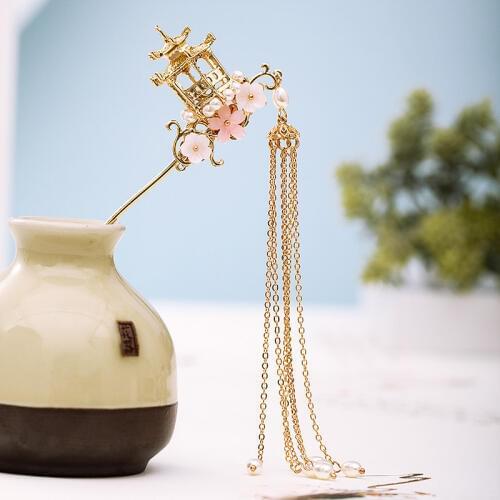New Chinese Hanfu Dress Hairpins Clips Flower Pearls Gold Color Long Tassels Hair Fork Sticks Headpieces for Women Girls