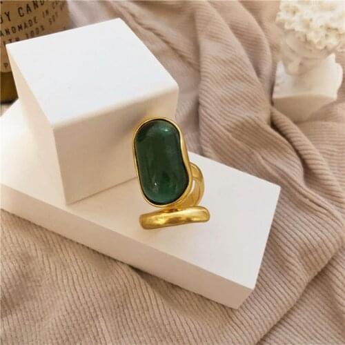 New Special Unusual Goth Design Green Crystal Beads Gold Rings For Women Personality Punk Hip Hop Stylish Ring Jewelry Gift