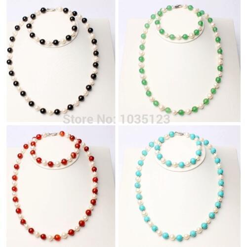 High Quality Pretty Gift 6-7mm 5 Color Natural White Freshwater Pearl Necklace Bracelets 1 Set wj192