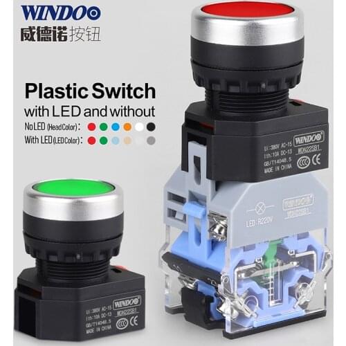 WINDOO Plastic Latching push button switch 22mm with LED and Without RED GREEN 9-24v 220V