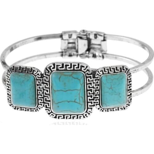 Silver Plated Alloy Layer Rectangle Shape Green Turquoises Stone Bangle Ethnic Style Jewelry