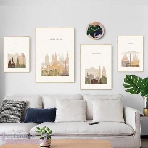 Simple Beige Abstract City Landscape Canvas Painting Amsterdam Bangkok Liverpool Wall Art Posters and Prints Nordic Home Decor