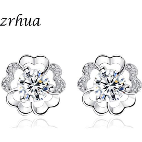 ZRHUA Luxury Female Crystal Zircon Stone Earrings Fashion 925 Sterling Silver Jewelry Vintage Flower Stud Earrings Bijoux Female