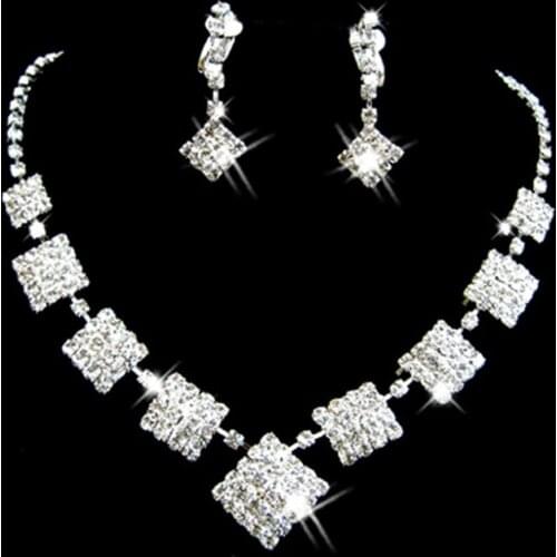 Luxury Female White Crystal Jewelry Set Charm Silver Color Square Dangle Earring For Women Dainty Zircon Wedding Chain Necklace