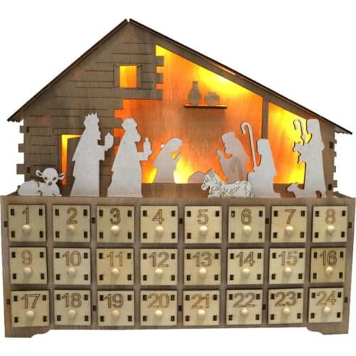 Christmas LED Light Wooden Advent Calendar Cabinet Nativity Manger Decor Illuminated Desk Calendar Xmas Countdown Ornaments