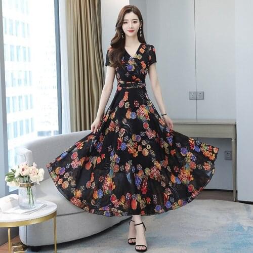 Chiffon floral dress female summer 2020 new Korean version of large size temperament big pendulum slim waist dress