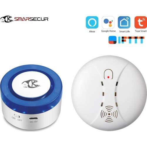 SMARSECUR Home wifi Security alarm siren WiFi Smart Siren Tuya Smart Life 433Mhz Smoke Detector