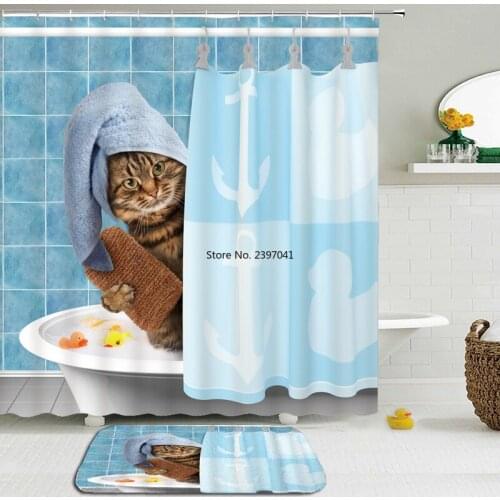 Cartoon Funny Cat Lovely Animal Shower Curtains Set Mat Bathroom Waterproof Cute Bath Curtain With Rectangle Non-slip Floor Mat