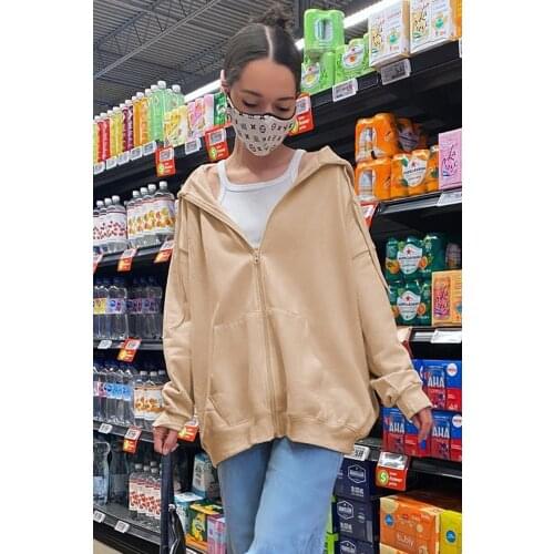 2021 New Women Simple Style Jacket Solid Color Zipper Open Front Hooded Coat Grey/ Light Khaki/ Black