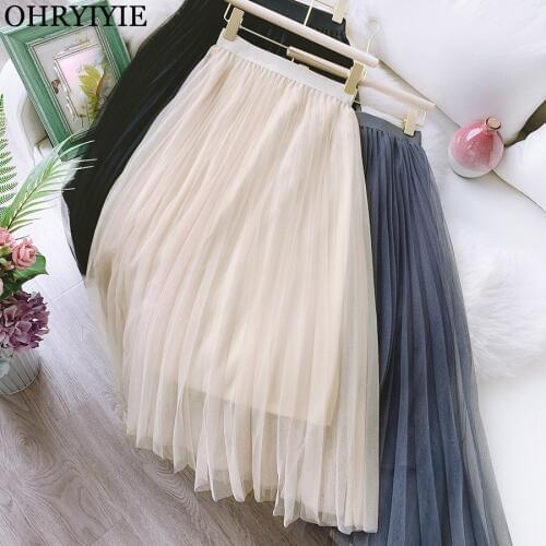 OHRYIYIE Black Gray Beige Midi Long Summer Pleated Tulle Skirt Women 2020 Casual Boho High Waist Sun School Mesh Skirt Female
