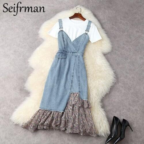 Seifrmann New 2021 Summer Women Fashion Runway 2 Pieces Set Short Sleeve Loose Tees+Sexy Spaghetti Strap Cowboy Mermaid Dresses