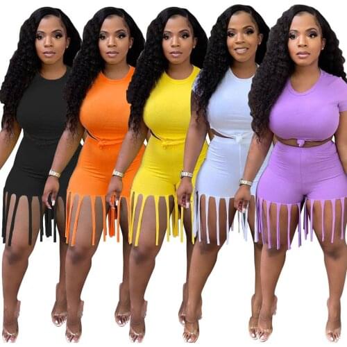 2021 New Summer Two Piece Sets Bandage Crop Top Tassel Biker Shorts Outfits for Women Beachwear Casual Matching Women Sets
