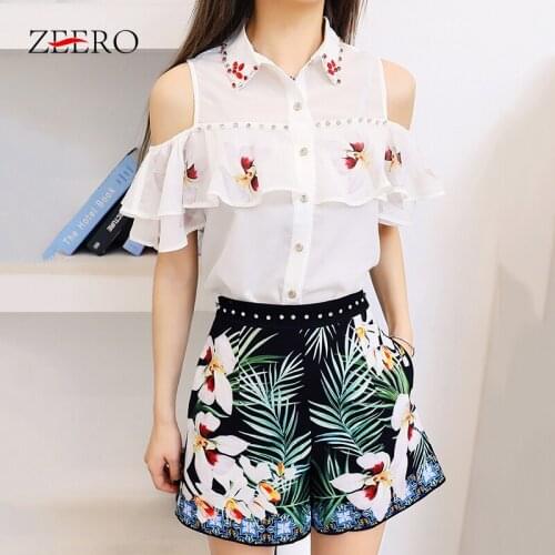 Sumeer Women Chiffon Two Piece Set Woman Strapless Ruffle Short Sleeve Beaded White Shirt Tops + Straight Printing Shorts Suit