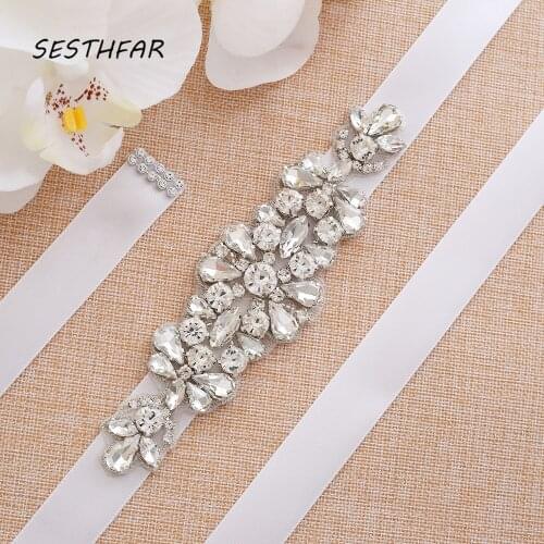 SESTHFAR Sliver Rhinestone Crystal Bridal Belt and Sash Handmade Wedding Dress Waistband Dress Belt Accessories J191S
