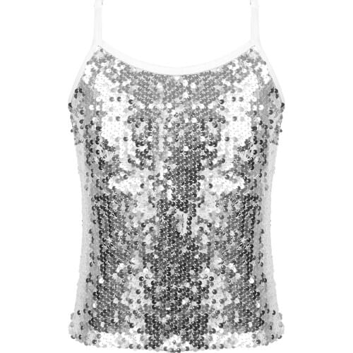 2021 Kids Girls Ballet Dance Tops Adjustable Shoulder Straps Sparkly Sequined Tank Top for Children Stage Performance Dancewear