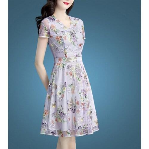 2021 Women Summer Dress Vintage Floral Print V-neck Femme Vestidos Embroidery Mesh Plus Size Sexy Party Dress 6460