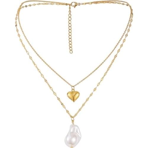 316L Stainless Steel Upscale 2 Layer Pearl Love Heart Pendant Charms Chain Choker Necklace For Women Fashion Trend Jewelry