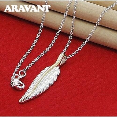 925 Jewelry Feather Pendants Necklace For Women Wedding Silver Plated Jewelry Accessories