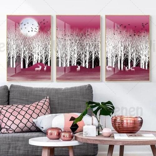 Abstract Purple Landscape Painting Forest Deer Moon Poster Wall Art Canvas Painting Modern Living Room Home Decoration Picture