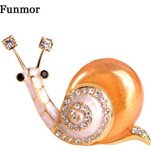 Funmor Brand Jewelry Animal Broche Snail Enamel Esmalte Brooch Cute Badge Icons For Women Kids Crystal Gold-color Dress Pins