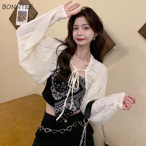 Blouses Women Lace-up Korean Style Summer Sun-proof Thin Sweet Girlish Fashion Hollow Out Mujer All-match Cozy Female Lovely