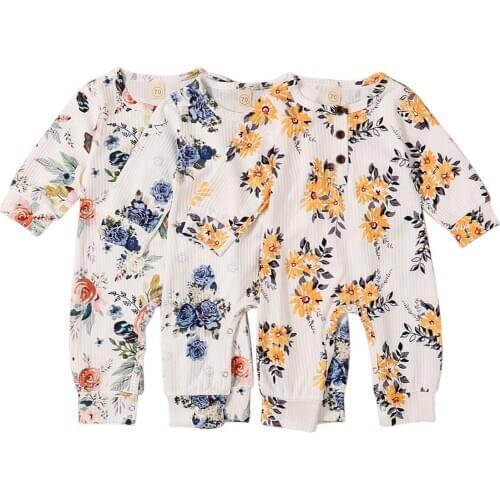 Newborn Toddler Girls One Piece Jumpsuit Buttons Round Neck Toddler Long Sleeve Floral Romper Clothes 0-24M