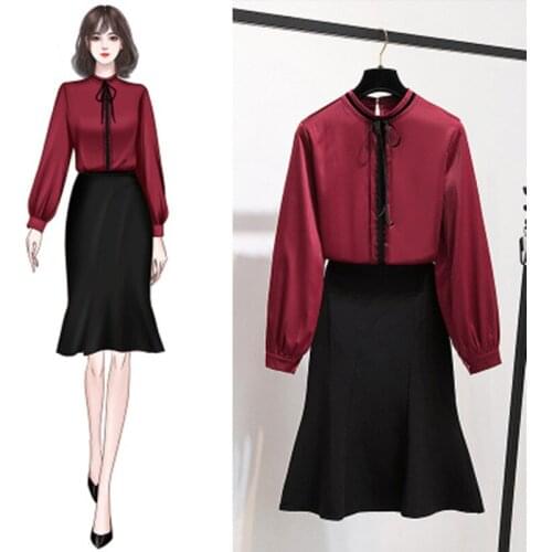 Elegant Women Two Pieces Set Solid Long Sleeve Shirt Office Lady Black Long Skirt Sweet Suit Korean Chic 2 Pieces Set