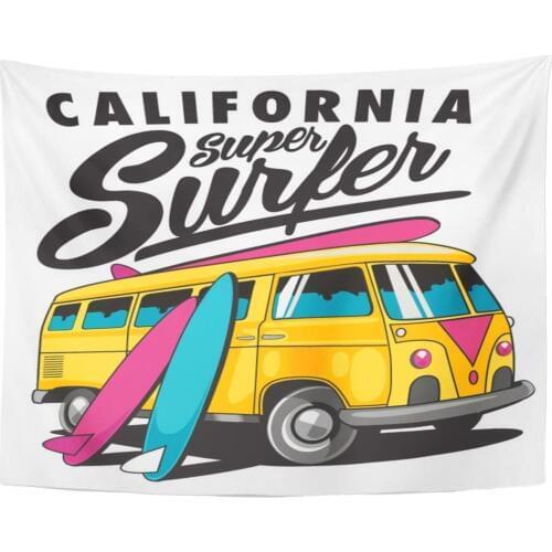 Blue Van Surf Bus Red Groovy California Tapestry Home Decor Wall Hanging for Living Room Bedroom Dorm 60x80 Inches