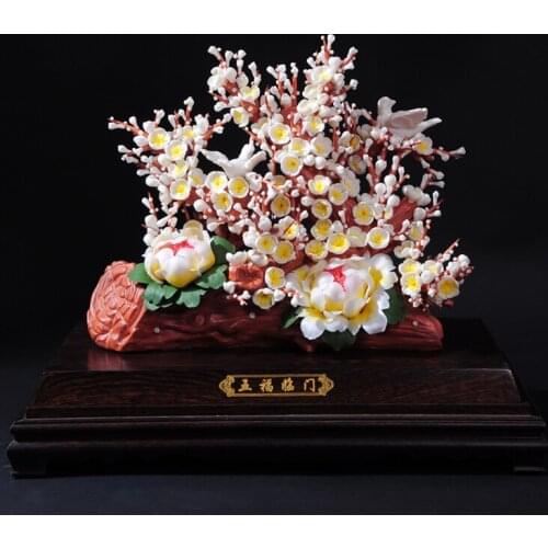 The art collection of large flower Home Furnishing peony flower ornaments of Dehua ceramic products Five blessings descend upon