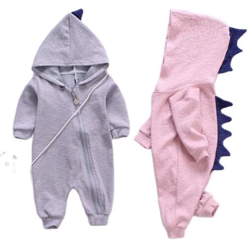 2021 Spring Kids Tales Newborn Baby Romper Suit Solid Hooded Dino Boys Girls Romper Cotton Babywear 4 Colours