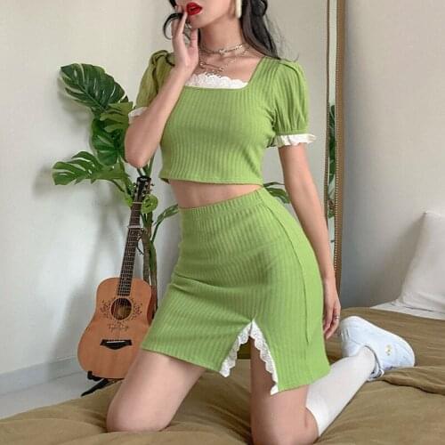 Girls Cute Ribbed Square Collar Puff Sleeve with Lace Crop Tops and Mini Skirt 2 Piece Sets Y2K Fashion Matching Sets
