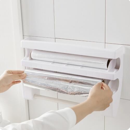 Kitchen Cling Film Cutting Holder Storage Cutting Rack Wrap Cutter Tin Foils Paper Towel Holder Kitchen Shelf Hang Holder