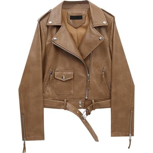 Korean Lapel Long Sleeve Khaki Snake Print Faux PU Leather Coat Plus Belt Slim Biker Jacket Spring Autumn Casual Mujer Chaqueta