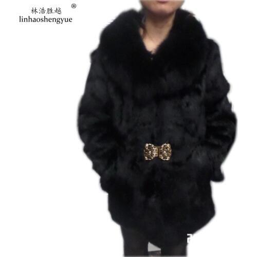 Linhaoshengyue Fox Collar Natural Real Rabbit Fur Coat Long Sleeve
