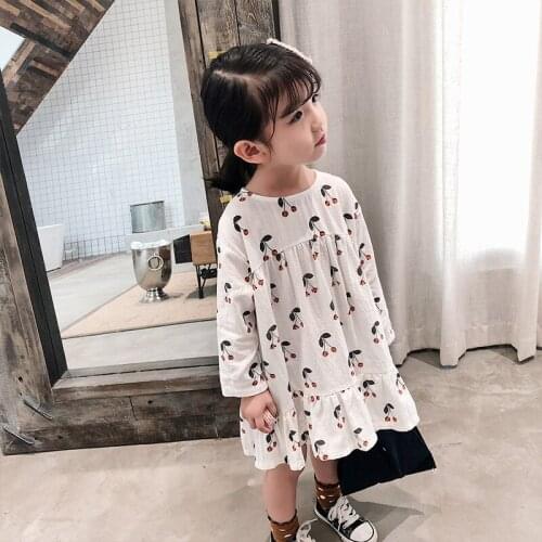 3-8-Years Cute Baby Girls Dresses Cotton Kids Cherry Pinting Dress for Girls New Style Girls Loose Casual Dresses, #8551
