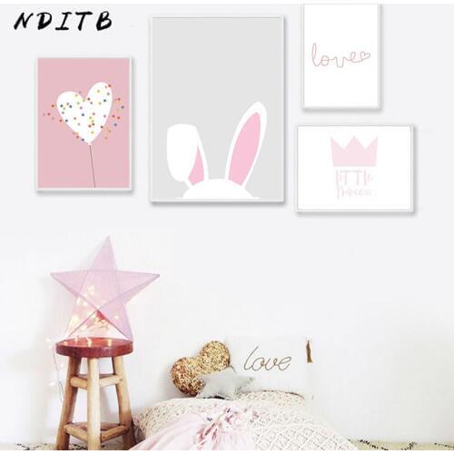 NDITB Pink Rabbit Cartoon Canvas Art Poster Nursery Print Minimalist Canvas Painting Wall Picture Nordic Kids Bedroom Decoration