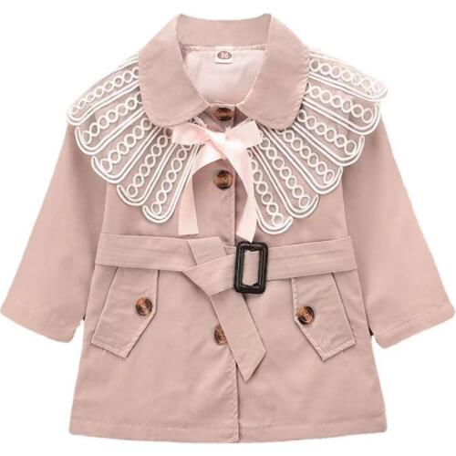 Autumn Girls Windbreaker Children Belted Jacket Fashion Kids Coat Baby Clothing Casual Outdoor Windbreaker Cute Lace Lapel Coat