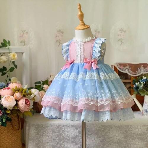 0-6Y Summer Lolita Blue Lace Spanish Princess Bow Ball Gown Sleeveless Dress For Sweet Baby Girls Birthday Party Turkey Easter