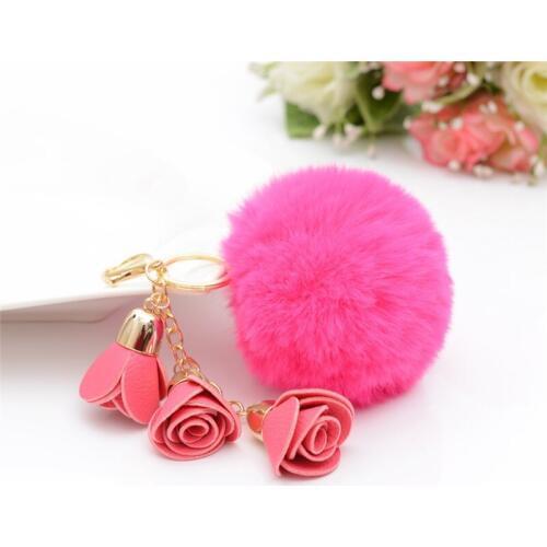 Rose Fur Pom Keychain Rabbit Fur Ball Key Chians Fur Keyring Porte Clef LLavers Key Chain For Bag Charm EH765