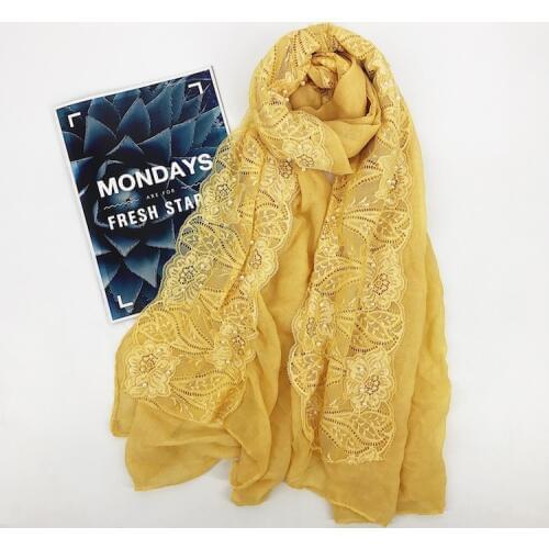 Elegant Lace Floral Islamic Scarves Plain Color Cotton Muslim Hijab Wrap Womens Headscarf Beads Long Shawl 175x85cm