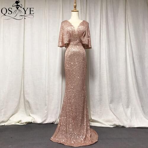 QSYYE New Sexy V Lady Fashion Gowns Golden Mermaid Long Prom Dress Sequin Flatter Sleeves Evening Dress V Neck Prom Dress
