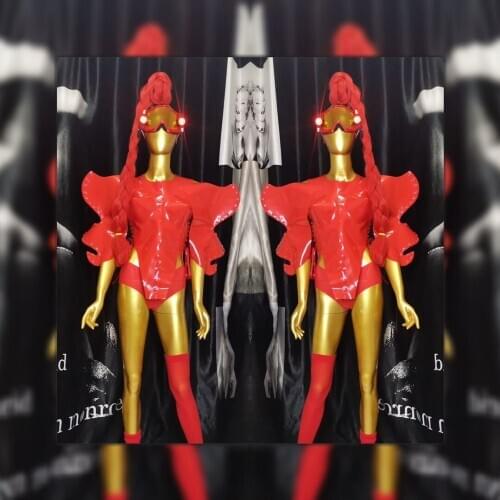 Sexy nightclub bar dance wear Red women stage show future party costume performance jumpsuit